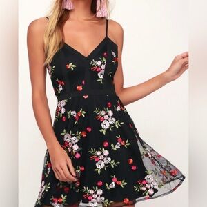 Lulus Favorite Fleur Black Mesh Floral Embroidered Skater Dress